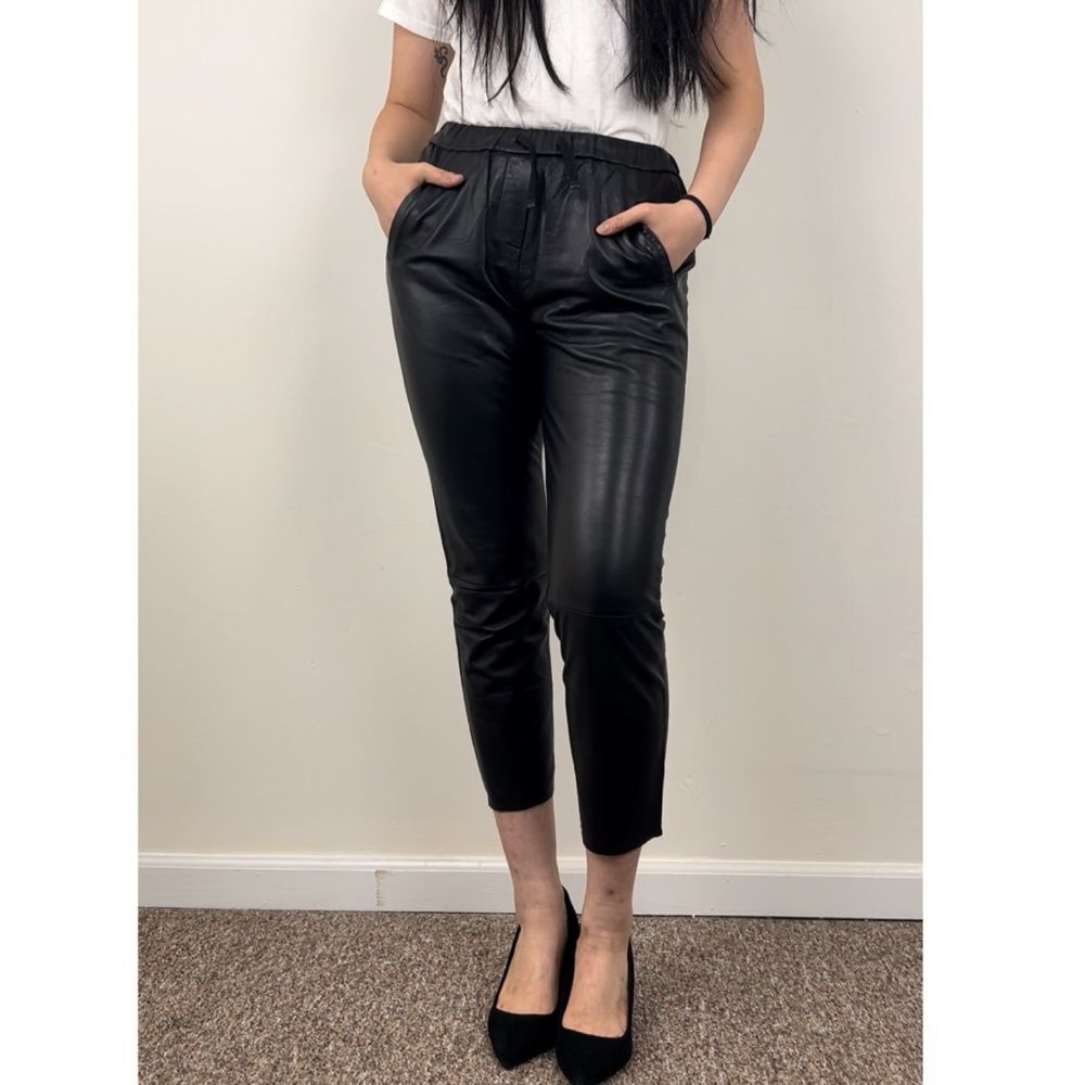 Vintage Black Lambskin Genuine Leather Sweatpants Trousers